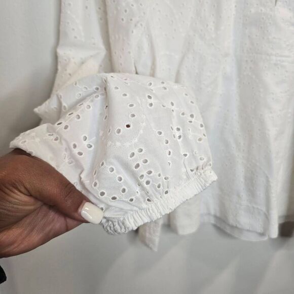 Ann Taylor Eyelet Top Women's Large White Long Raglan Sleeve Popover Blouse - Picture 7 of 11